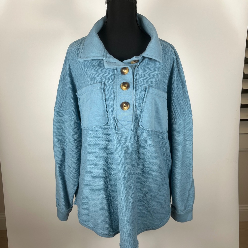 American Eagle Blue Herringbone Henley Sweatshirt Oversized Button Pullover M